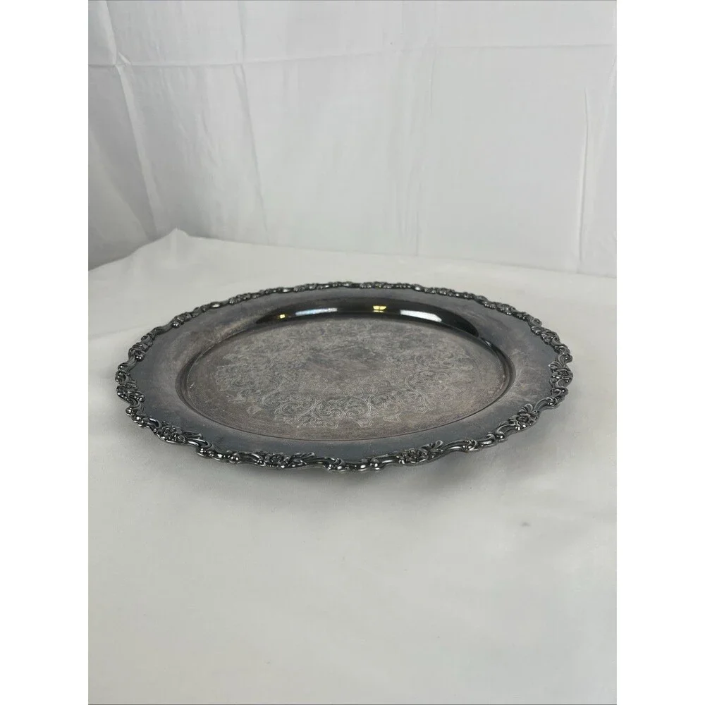 Vintage Silver-Plated Serving Tray Round Ornate Rim Engraved April 1976